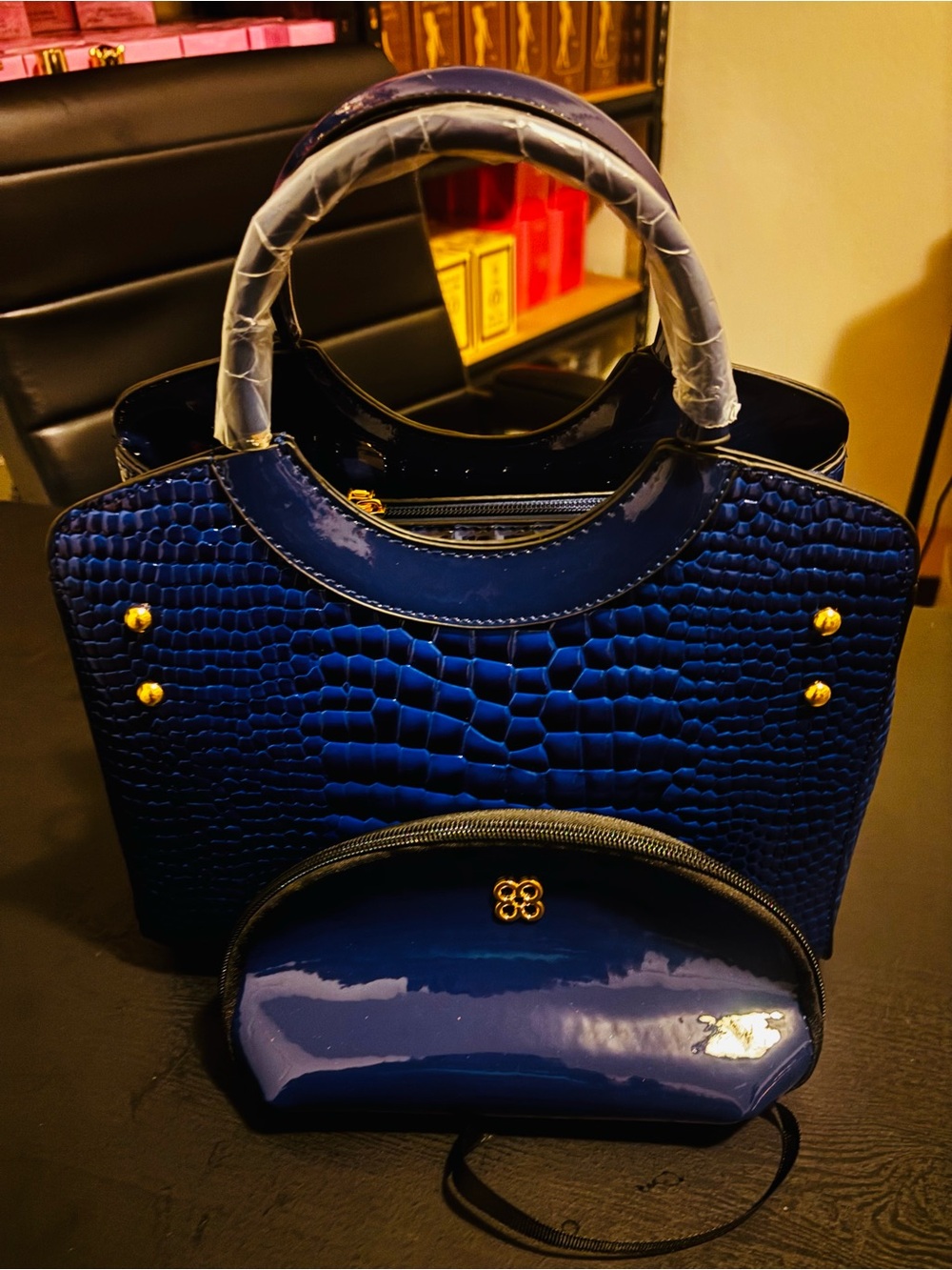 Elegant Navy Croc-Embossed Tote with Matching Pouch